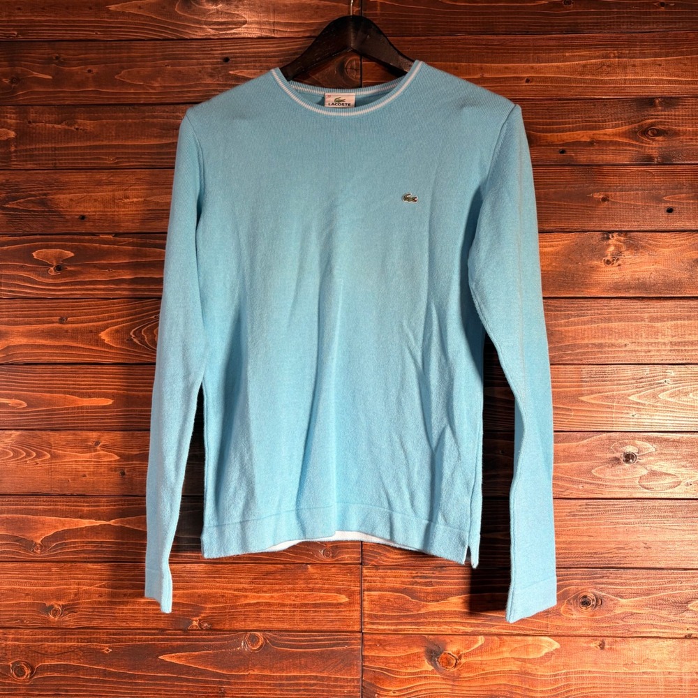 Vintage Lacoste Sweater Womens 40 Baby Blue Cotton Knit Made in France Preppy